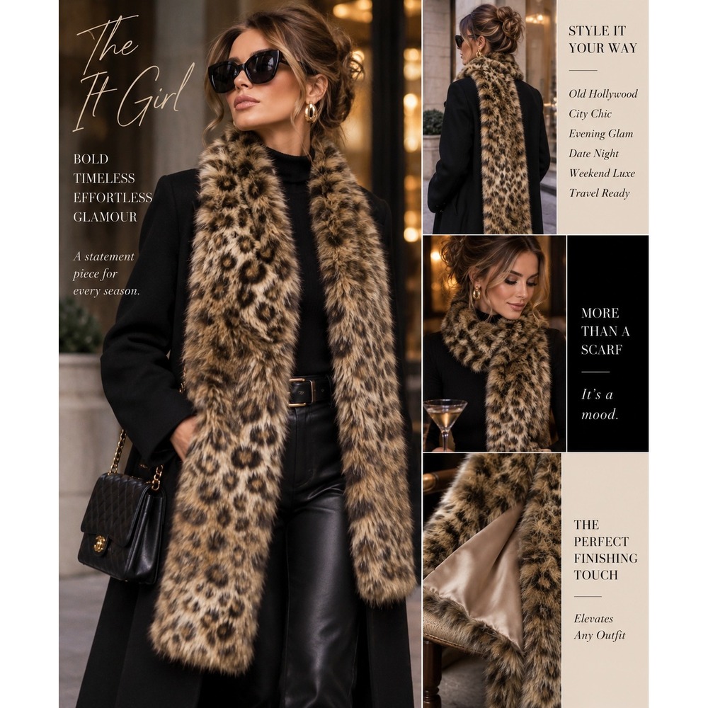 The Limited Faux Fur Scarf One Size Leopard Animal Print Plush Satin Lined Long